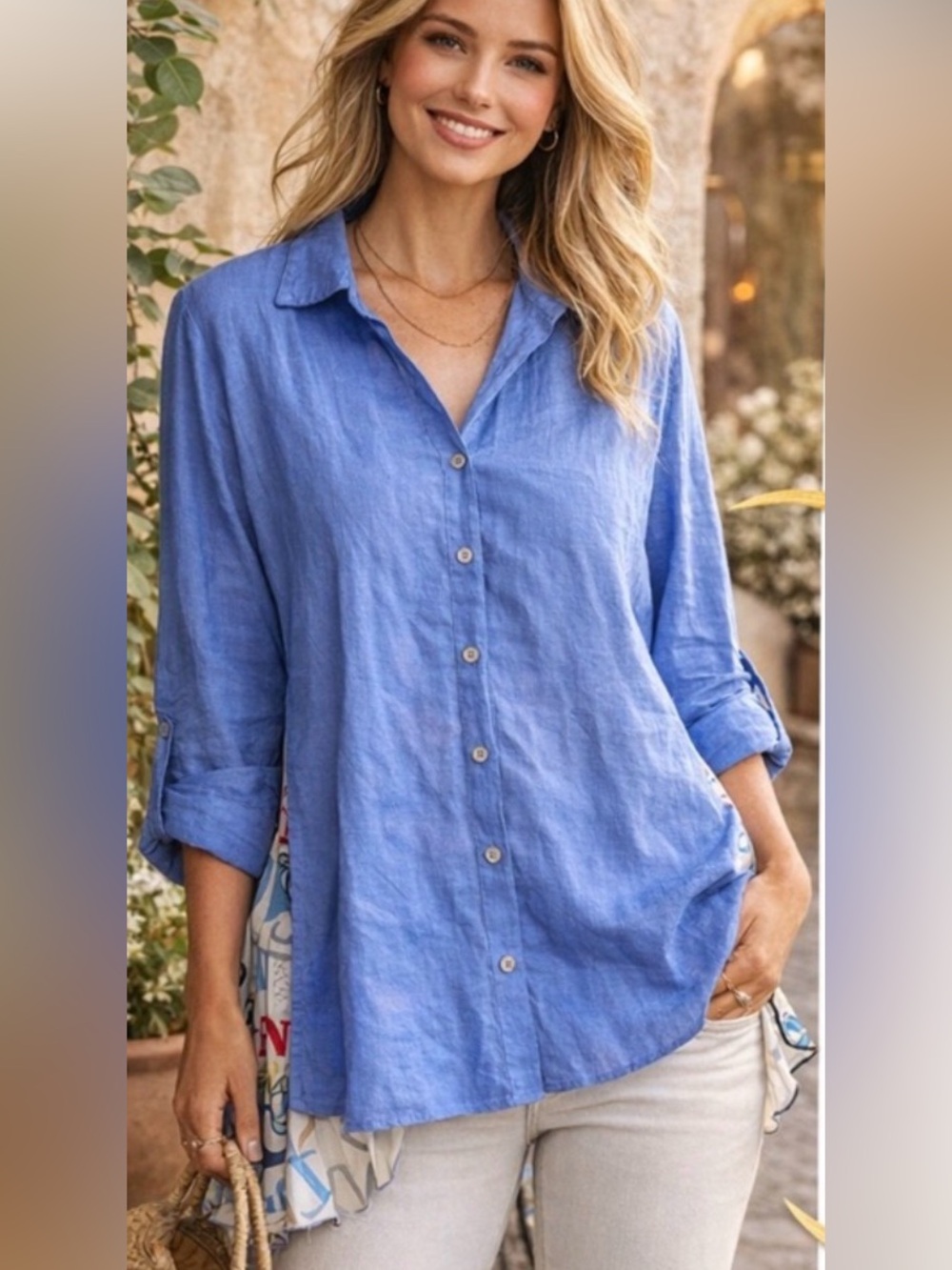 John Mark Blue Button-Down Top with Printed Pleated Back Small